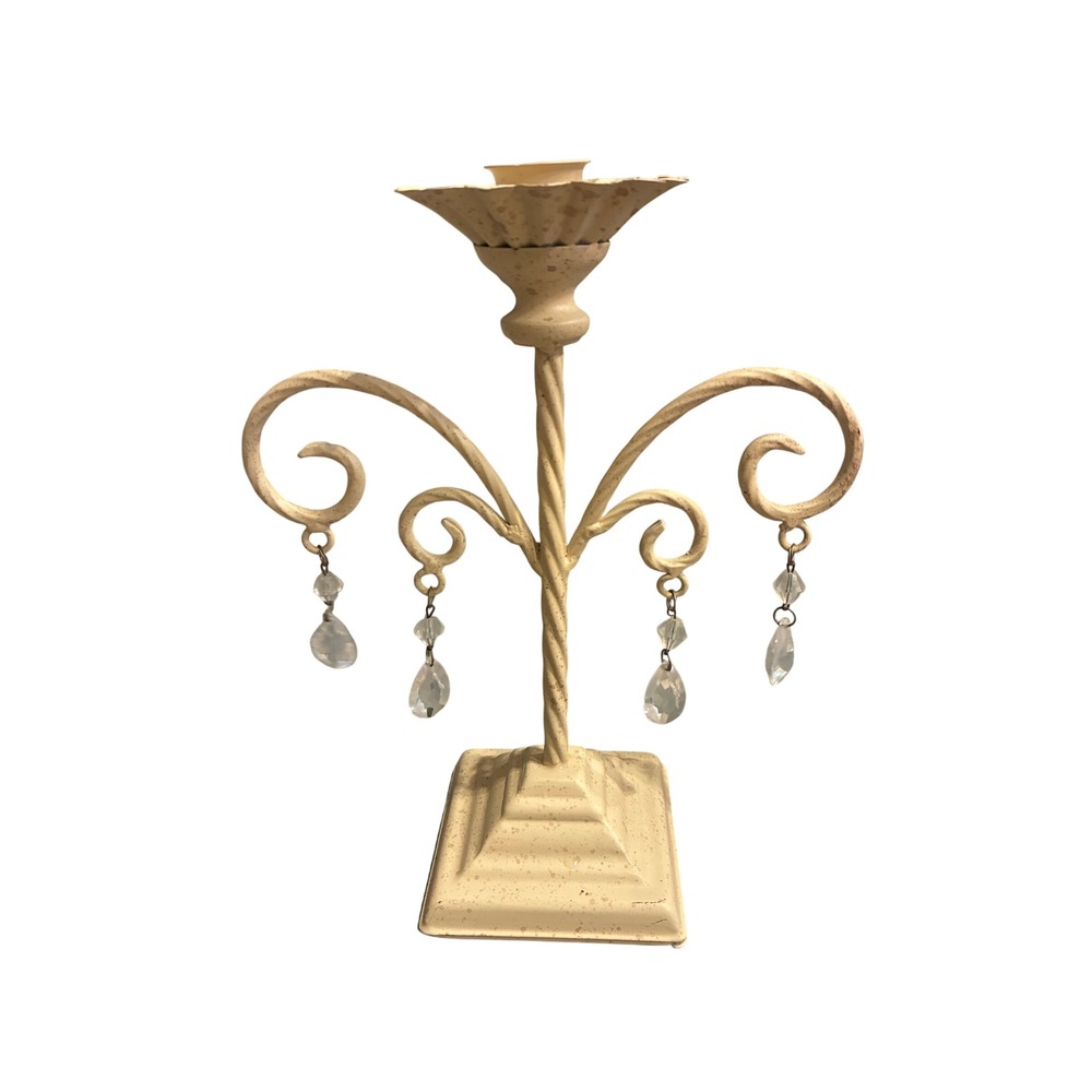 Shabby Chic Cream Metal Taper Candle Holder with Hanging Crystals 9.5 Inch
